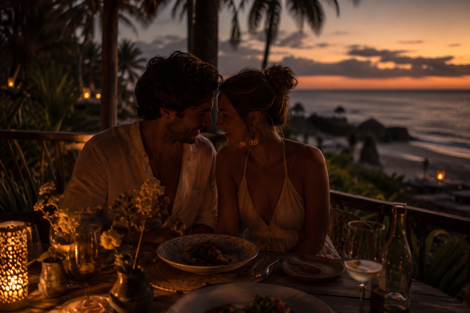 A couple sharing a candlelit dinner at sunset overlooking the Tulum coast